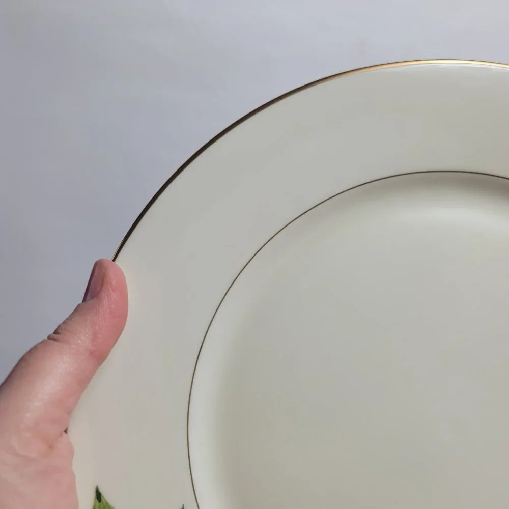 TWO Mikasa Plum L3132 Court Dinner Plates White with Purple Plums Green Leaves